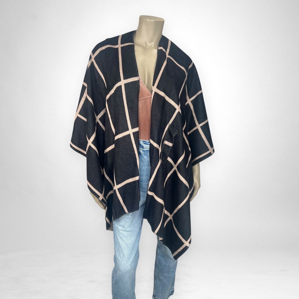 Reversible Tan and Black Plaid Shawl Wrap OS
